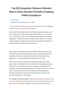 Top 25 Companies: Research Reveals Best-in-Class Solution Providers Enabling FSMA Compliance
