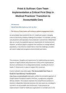 Frost & Sullivan: Care Team Implementation a Critical First Step in Medical Practices  Transition to Accountable Care