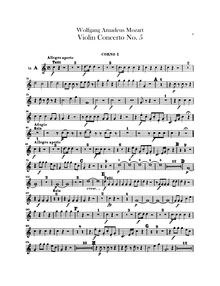 Partition cor 1, 2 (en A, E), violon Concerto No.5, Turkish Concerto