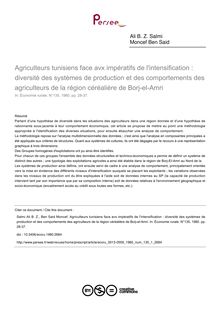 Agriculteurs tunisiens face avx impératifs de l intensification : diversité des systèmes de production et des comportements des agriculteurs de la région céréalière de Borj-el-Amri - article ; n°1 ; vol.135, pg 28-37