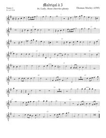 Partition ténor viole de gambe 2, octave aigu clef, First Booke of ballet to Five Voyces par Thomas Morley