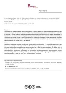 Les langages de la géographie et le rôle du discours dans son évolution  - article ; n°518 ; vol.93, pg 409-422