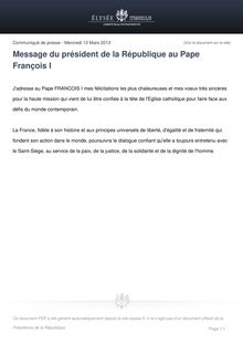 Communiqué de presse de l Elysée: Message du président de la République au Pape François I