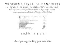 Partition complète, Troisieme livre de danceries a quatre et cinq parties