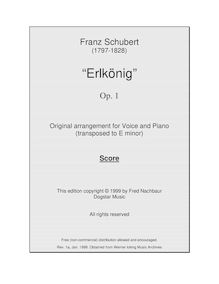Partition complète (transposed to E minor), Erlkönig, D.328 (Op.1)