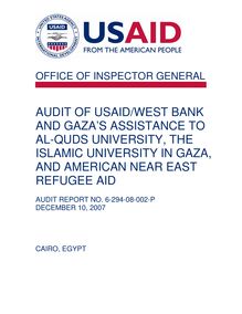   Audit of USAID West Bank and Gaza’s Assistance to Al-Quds University , the Islamic University in