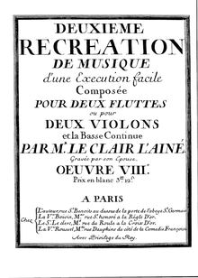 Partition Dessus 1, Deuxième récréation de musique, Suite for 2 flutes or violins and basso continuo