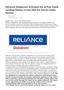 Reliance Globalcom Activates the Al-Faw Cable Landing Station in Iraq With the Falcon Cable System