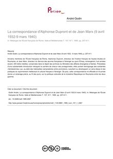 La correspondance d Alphonse Dupront et de Jean Marx (9 avril 1932-9 mars 1940) - article ; n°1 ; vol.107, pg 207-411