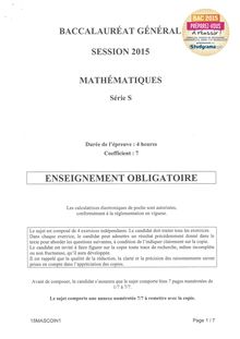 Sujet BAC 2015 PONDICHÉRY - S Mathématiques