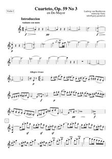 Partition violon 1, corde quatuor No.9, Op.59/3, Third Rasumowsky-Quartet