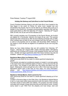 Press release  tuesday 4th august 2009 holiday like sarkozy and