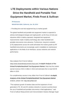 LTE Deployments within Various Nations Drive the Handheld and Portable Test Equipment Market, Finds Frost & Sullivan