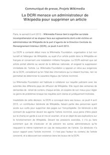 Communiqué de presse de Wikipédia face aux menaces de la DCRI du 6 avril 2013