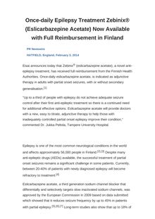Once-daily Epilepsy Treatment Zebinix® (Eslicarbazepine Acetate) Now Available with Full Reimbursement in Finland