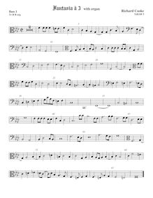 Partition basse 1 viole de gambe, clef en basse et en alto, fantaisies pour 3 violes de gambe et orgue