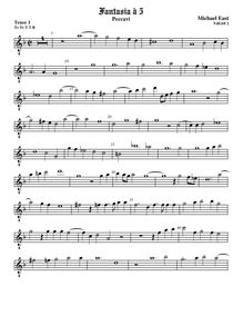 Partition ténor viole de gambe 1, octave aigu clef, fantaisies pour 5 violes de gambe par Michael East par Michael East
