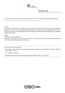 La place des pharmaciens dans le Code de la Santé publique - article ; n°318 ; vol.86, pg 167-172