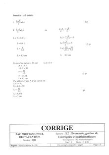 Corrige BACPRO RESTAURATION Mathematiques 2002
