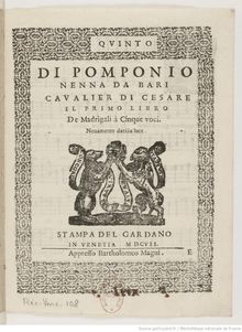 Partition Quinto, Il primo libro de madrigali a cinque voci, Nenna, Pomponio