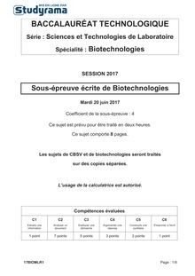 Sujet Bac STL Bio 2017 - Biotechnologies spécialité
