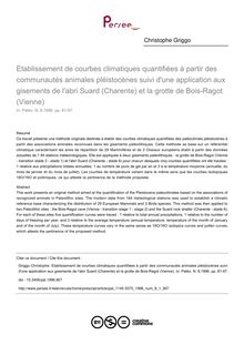 Etablissement de courbes climatiques quantifiées à partir des communautés animales pléistocènes suivi d une application aux gisements de l abri Suard (Charente) et la grotte de Bois-Ragot (Vienne) - article ; n°1 ; vol.8, pg 81-97