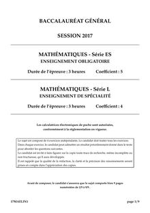 Bac 2017 Pondichéry Maths ES