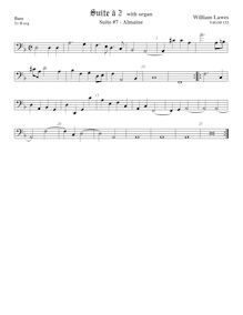 Partition viole de basse, basse clef,  No.7 pour 2 violes de gambe et orgue par William Lawes