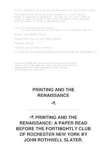 Printing and the Renaissance - A paper read before the Fortnightly Club of Rochester, New York