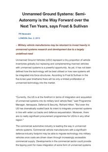 Unmanned Ground Systems: Semi-Autonomy is the Way Forward over the Next Ten Years, says Frost & Sullivan