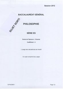 Sujet du bac serie ES 2012: Philosophie-métropole