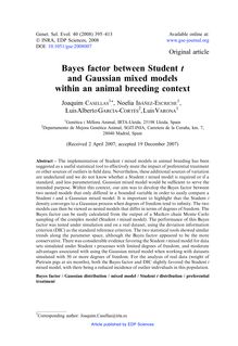 Bayes factor between Student tand Gaussian mixed models within an animal breeding context