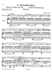 Partition , Dans le calme du soir - partition de piano et partition de violoncelle, 4 Morceaux pour violoncelle et Piano