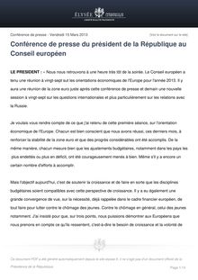 Communiqué de presse de l Elysée: Conférence de presse de François Hollande au Conseil européen