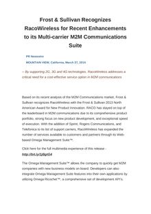Frost & Sullivan Recognizes RacoWireless for Recent Enhancements to its Multi-carrier M2M Communications Suite