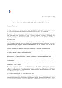 Lettre ouverte de Jean-Marie Lepen, président d honneur du Front National à Madame Marine Lepen, présidente du Front National 
