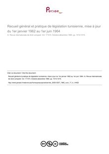Recueil général et pratique de législation tunisienne, mise à jour du 1er janvier 1962 au 1er juin 1964 - note biblio ; n°4 ; vol.17, pg 1014-1015