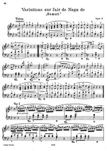 Partition complète, 6 Variations sur l air de Naga de Samori, Op.6
