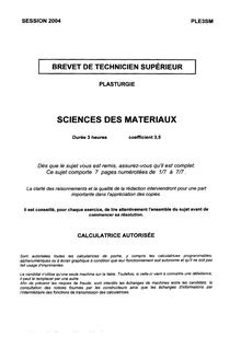 Sciences des matériaux 2004 BTS Plasturgie