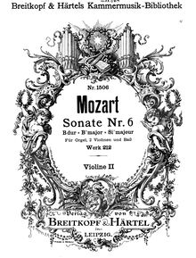Partition violons II, église Sonata No.6, B♭ major, Mozart, Wolfgang Amadeus