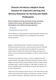Elsevier Introduces Adaptive Study Solution for Improved Learning and Memory Retention for Nursing and Health Professions