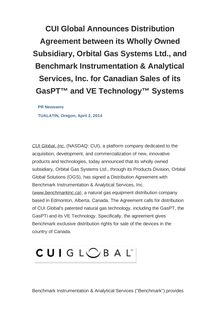 CUI Global Announces Distribution Agreement between its Wholly Owned Subsidiary, Orbital Gas Systems Ltd., and Benchmark Instrumentation & Analytical Services, Inc. for Canadian Sales of its GasPT™ and VE Technology™ Systems
