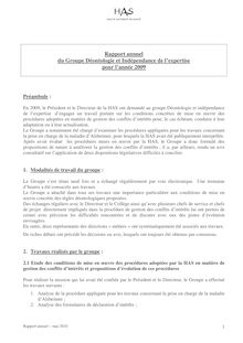 Déontologie, transparence et gestion des conflits d’intérêts - Rapport annuel du groupe déontologie et indépendance de l’expertise - Année 2009