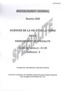Sujet du bac S 2008: SVT Spécialité