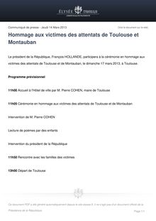 Communiqué de presse de l Elysée: Hommage aux victimes des attentats de Toulouse et Montauban