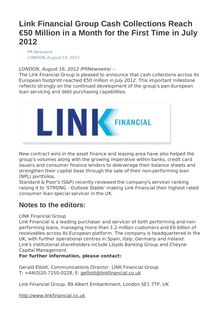 Link Financial Group Cash Collections Reach €50 Million in a Month for the First Time in July 2012