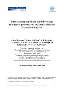 Peer learning in primary school science: Theoretical perspectives and implications for classroom practice (Aprendizaje entre iguales en Ciencias Naturales de Educación Primaria: Perspectivas teóricas y sus implicaciones para la práctica en el aula)