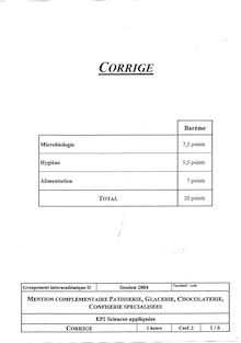 Corrige MC PATISSERIE GLACE Sciences appliquees 2004