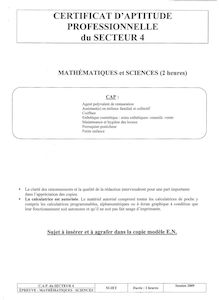 Mathématiques - Sciences 2009 CAP Agent Polyvalent de Restauration