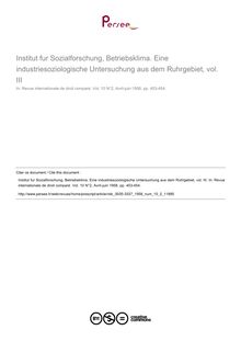 Institut fur Sozialforschung, Betriebsklima. Eine industriesoziologische Untersuchung aus dem Ruhrgebiet, vol. III - note biblio ; n°2 ; vol.10, pg 453-454